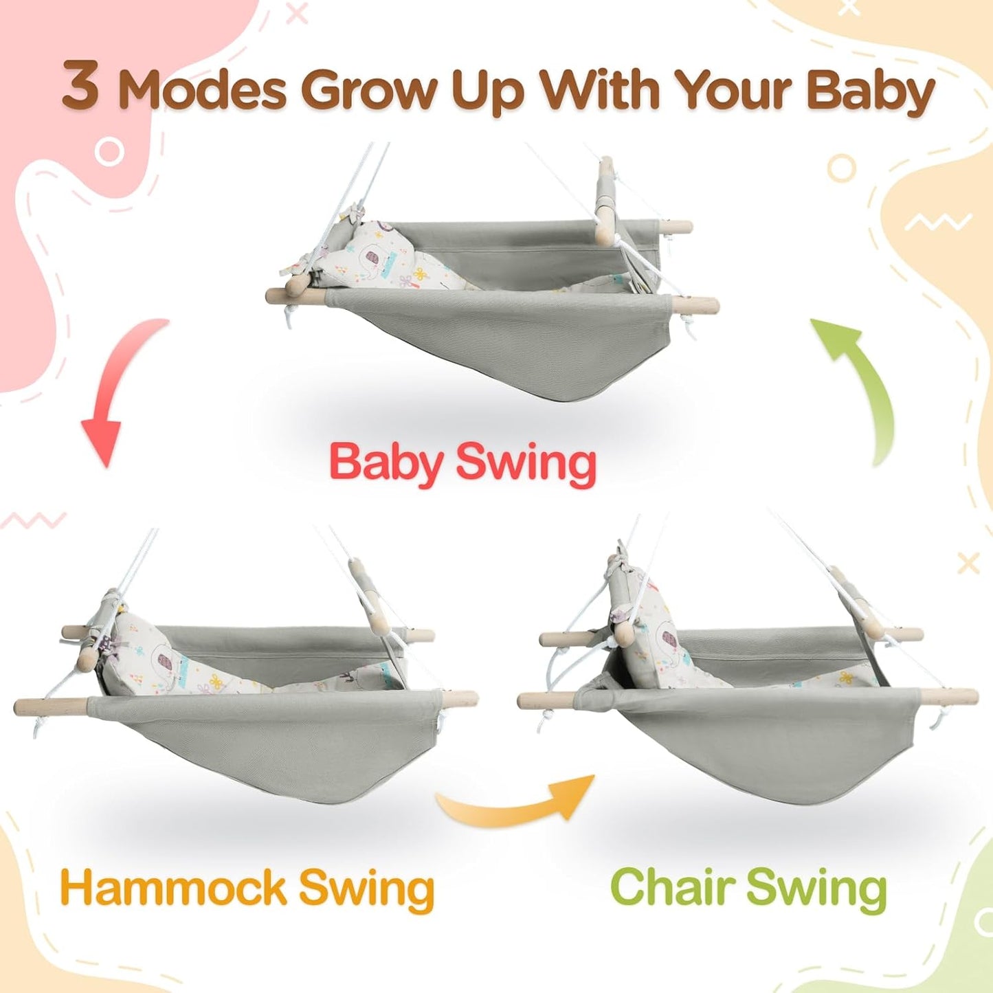 Baby Swing for Baby and Toddler, Canvas Baby Hammock Swing Indoor and Outdoor with Safety Belt and Mounting Hardware, Wooden Hanging Swing Seat Chair for Baby up to 3 Years -Cute Animal