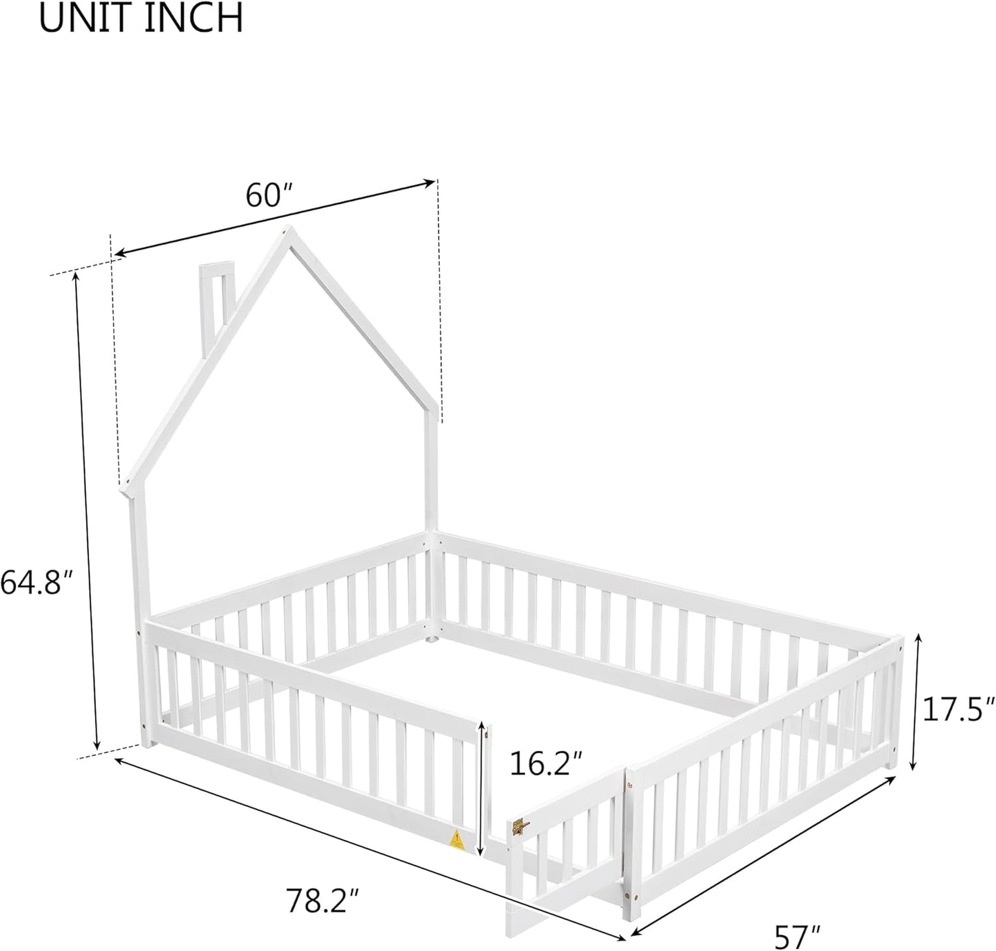 Full House-Shaped Headboard Floor Bed with Fence (White)