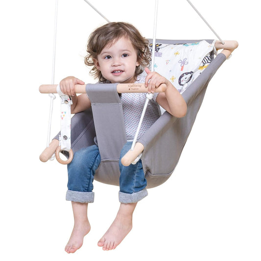 Baby Swing for Baby and Toddler, Canvas Baby Hammock Swing Indoor and Outdoor with Safety Belt and Mounting Hardware, Wooden Hanging Swing Seat Chair for Baby up to 3 Years -Cute Animal