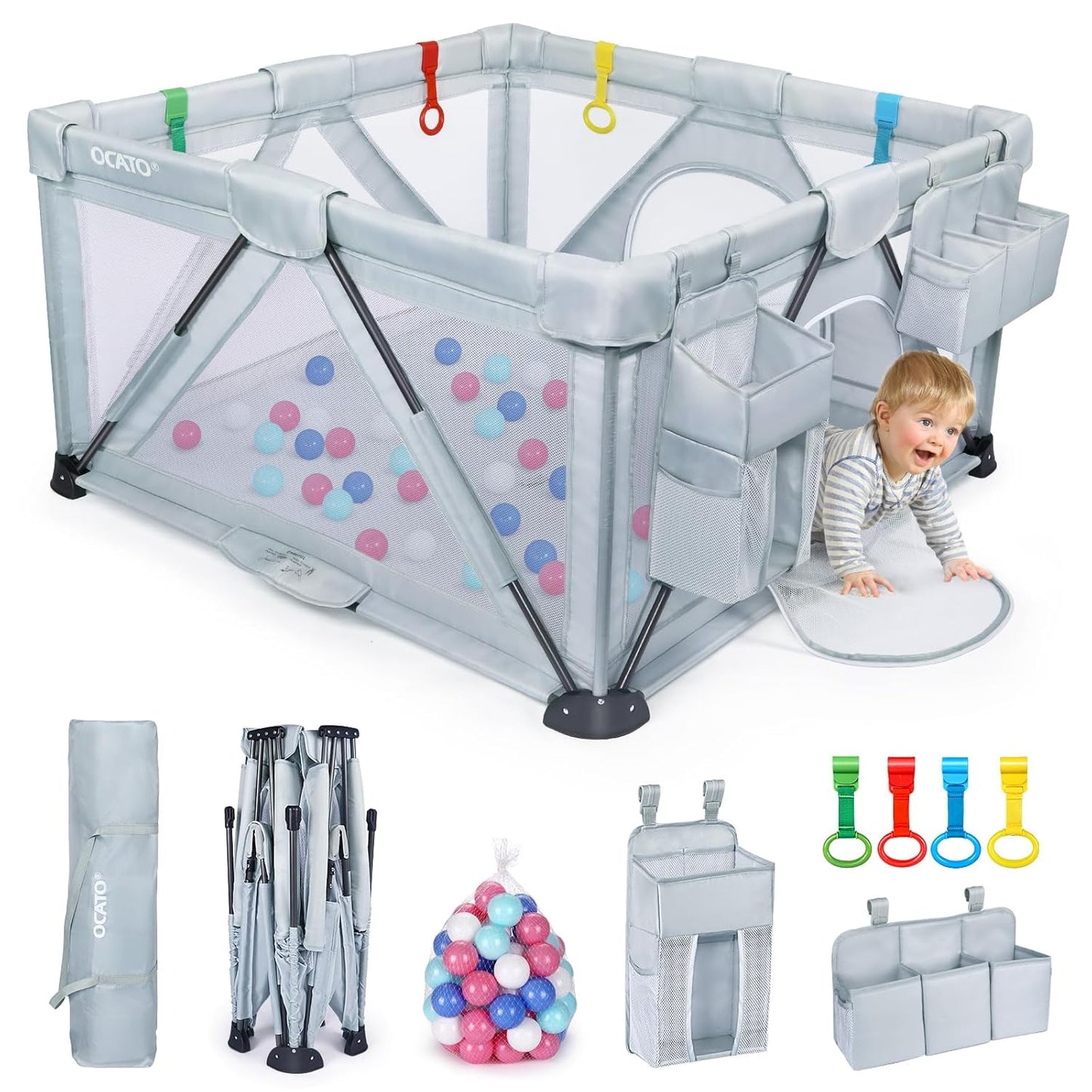 OPEN BOX Baby Playpen: Foldable Playpen for Babies and Toddlers Large Play Pen Portable Playpen Fence Indoor Outdoor Kids Safety Area Travel Play Yard with 2 Storage Bags 4 Handlers 50 Balls (50" × 50")